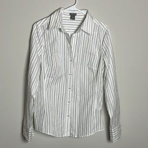 Ann Taylor White Long Sleeve Button Down Shirt- Black & Gray Thin Pin stripes-10
